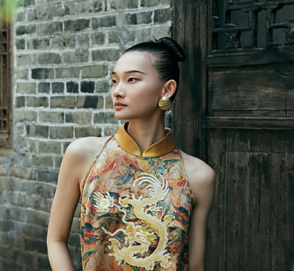 HECO Chinese Stand Collar Color-Blocked Golden Dragon Embroidery Dress - ZIPH