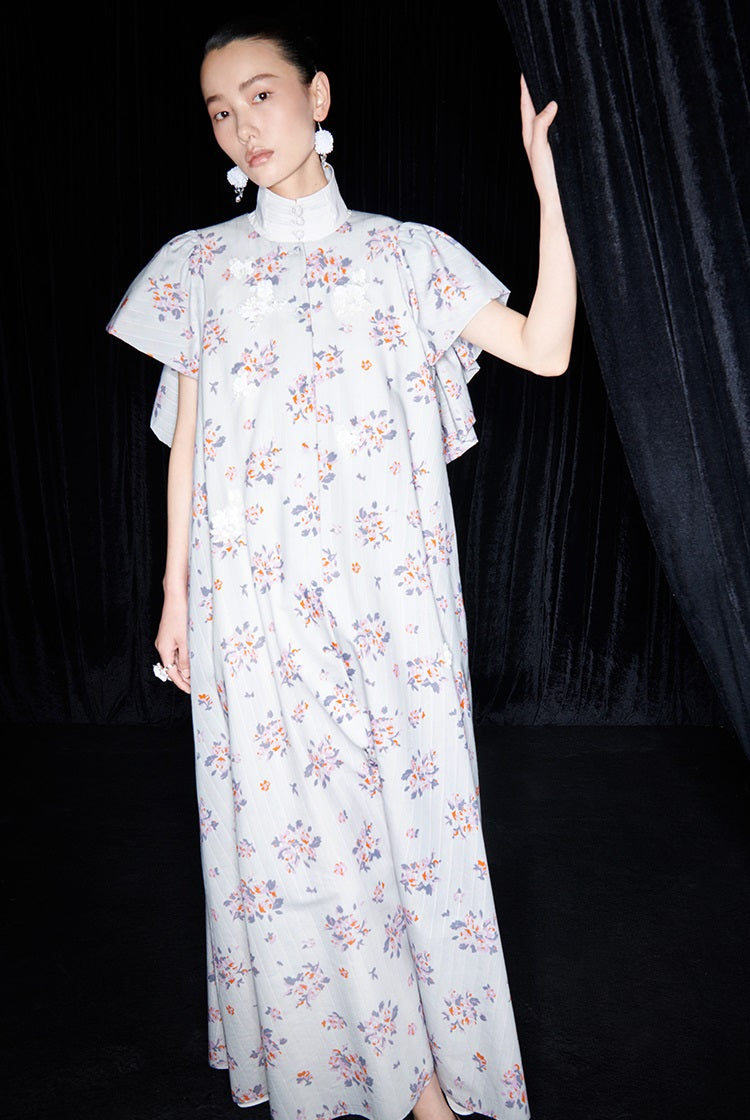 M essential Mackay designer Jinghe Printing floral nail bead puff sleeve dress - HAPPY.