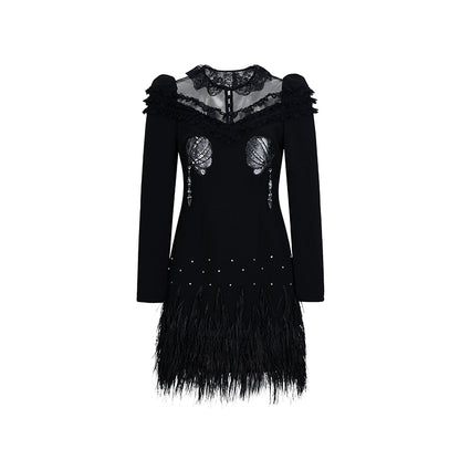 FAME Black Heavy Embroidered Feather tassle Hem Lace lbd cocktail Dress - Woiw