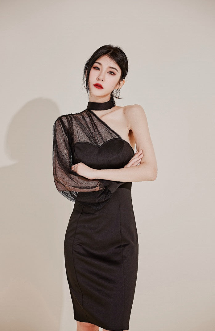 DOLLY Elegant Black One Shoulder Mesh Puff Long Sleeve Slim Fit Dinner Dress-AGNES