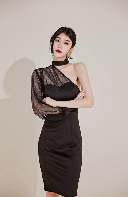 DOLLY Elegant Black One Shoulder Mesh Puff Long Sleeve Slim Fit Dinner Dress-AGNES