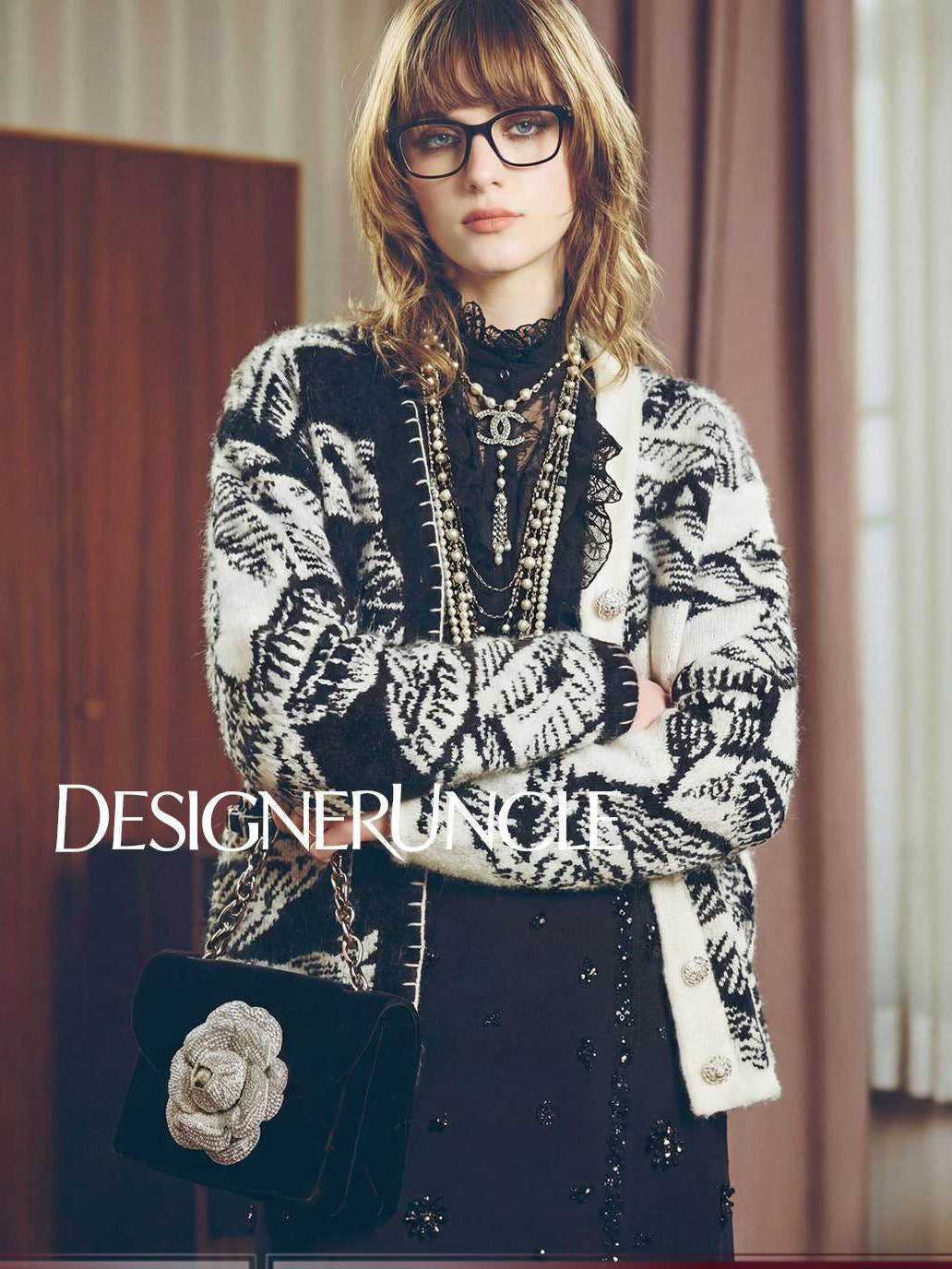 DGU×LAB\ Black Knitted Loose Jacquard V-Neck Stitched Lazy Knitted Jacket - BORD'