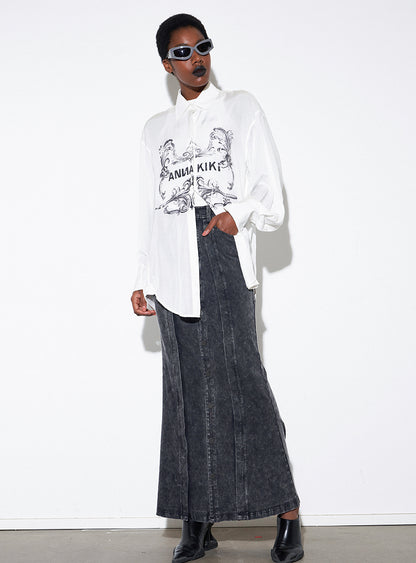 ANNAKIKI Designer White Acetate Print Loose Long Sleeve Shirt-HIRO