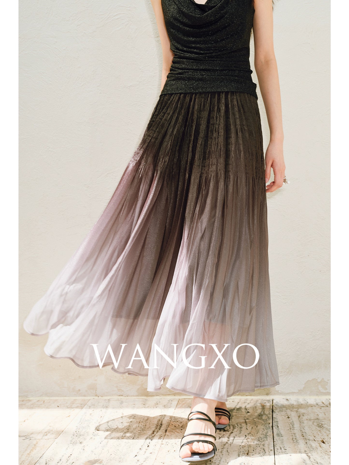 WANGXO |High-Waisted Umbrella Hem Romantic Skirt with Luxe Shimmer-LINA