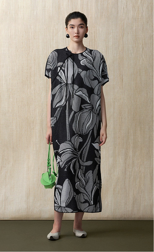 ZHUCHONGYUN Chinese diagonal placket black knit dress- NEZUKO.