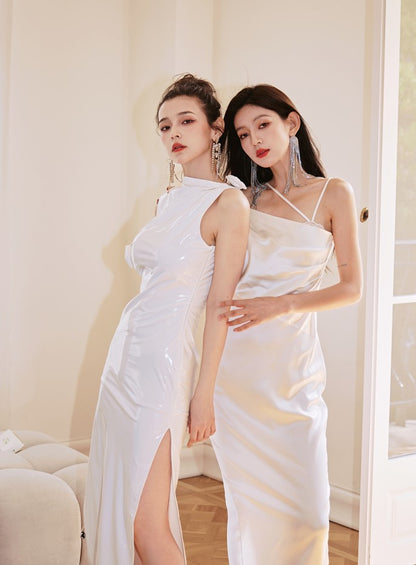 DOLLY Elegant Blue French Style Satin Sleeveless Pleated Hip Long Slit Dinner Dress-AVA