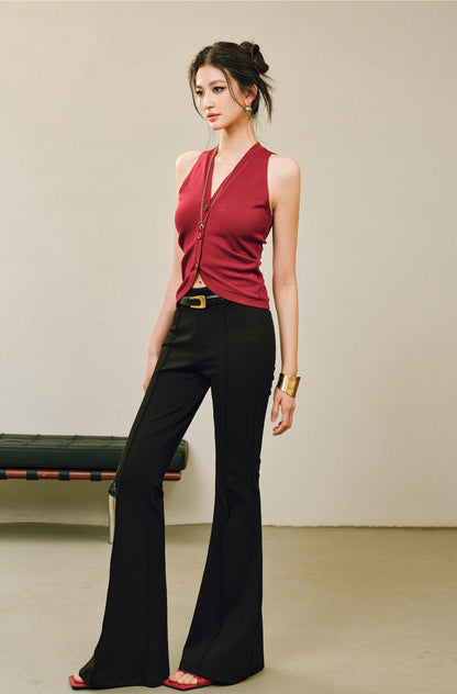 WANGXO |Vertical-Cut Acetate Double-Sided Threaded Halterneck Knitted Top -VELA