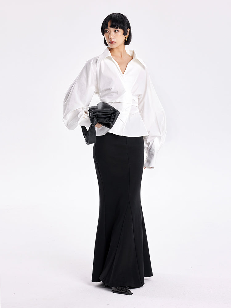 TINY IN stand-up collar casual pinch-pleated curved sleeve cinched waist shirt-KIA