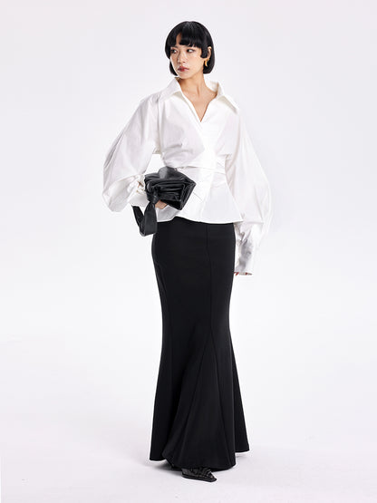 TINY IN stand-up collar casual pinch-pleated curved sleeve cinched waist shirt-KIA