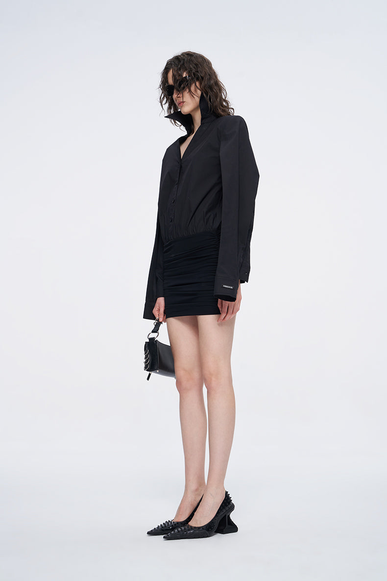 ANNAKIKI black double-sleeved needle shuttle spliced dress for women-FUMIHITO