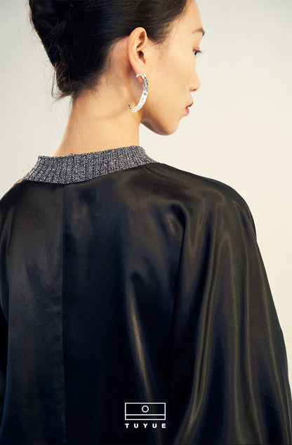 TUYUE Knit Collar Black Acetate Satin Silhouette Top - ARCHER.