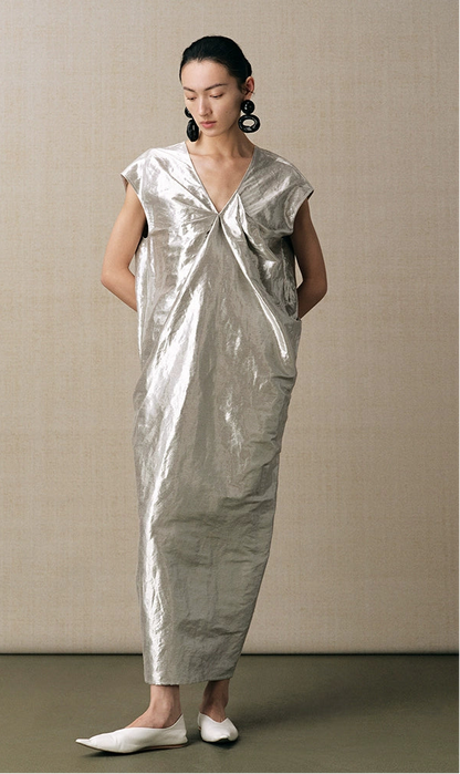 ZHUCHONGYUN silver Chinese silhouette V-neck slimming dress--SAKURA.