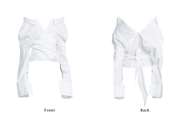 TINY IN white lace-up shirt one and two wear off-the-shoulder loose shirt -MEL
