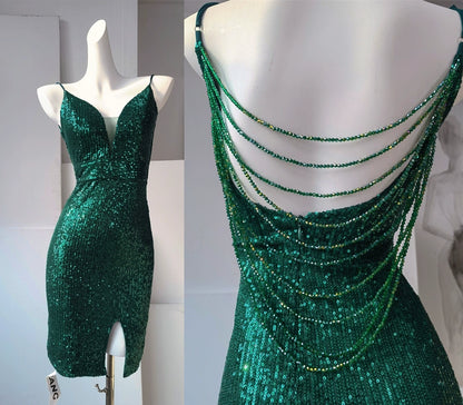 DOLLY Elegant Deep V-Neck Sleeveless Sequin Long Slim Fit Evening Dress-IVONNE