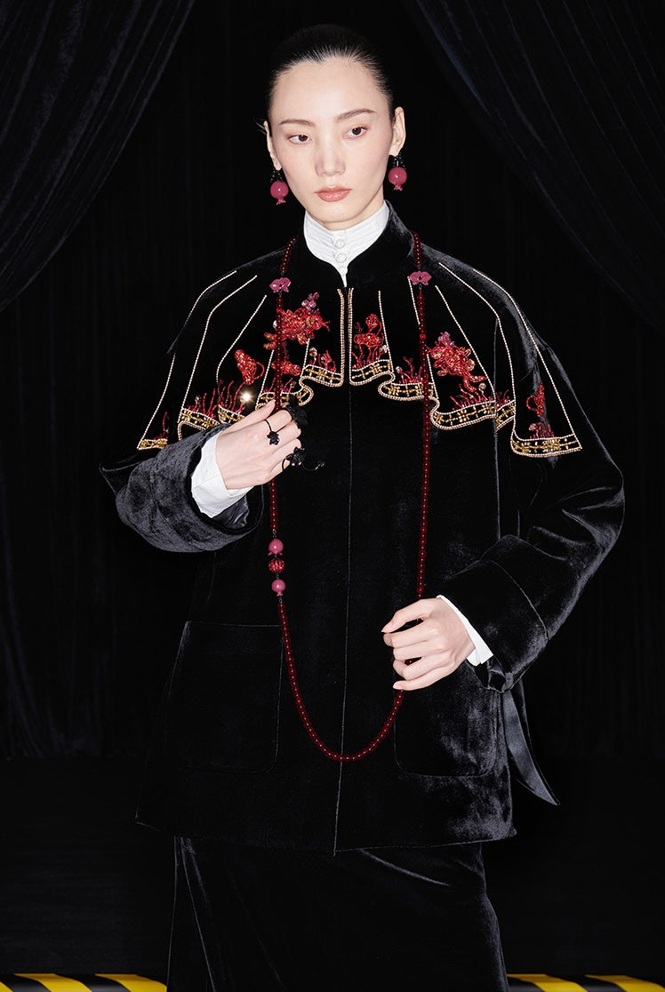 M essential Mackay designer silk velvet two-dimensional fish algae curtain bead jacket - BIDING.