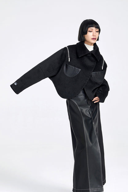 TINY IN women's black shoulder zipper cropped wool jacket- LOU