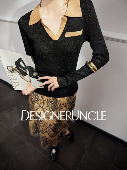DGU "Qimo" black knitted sweater V-neck fashion high-end commuter top - BUGGY.