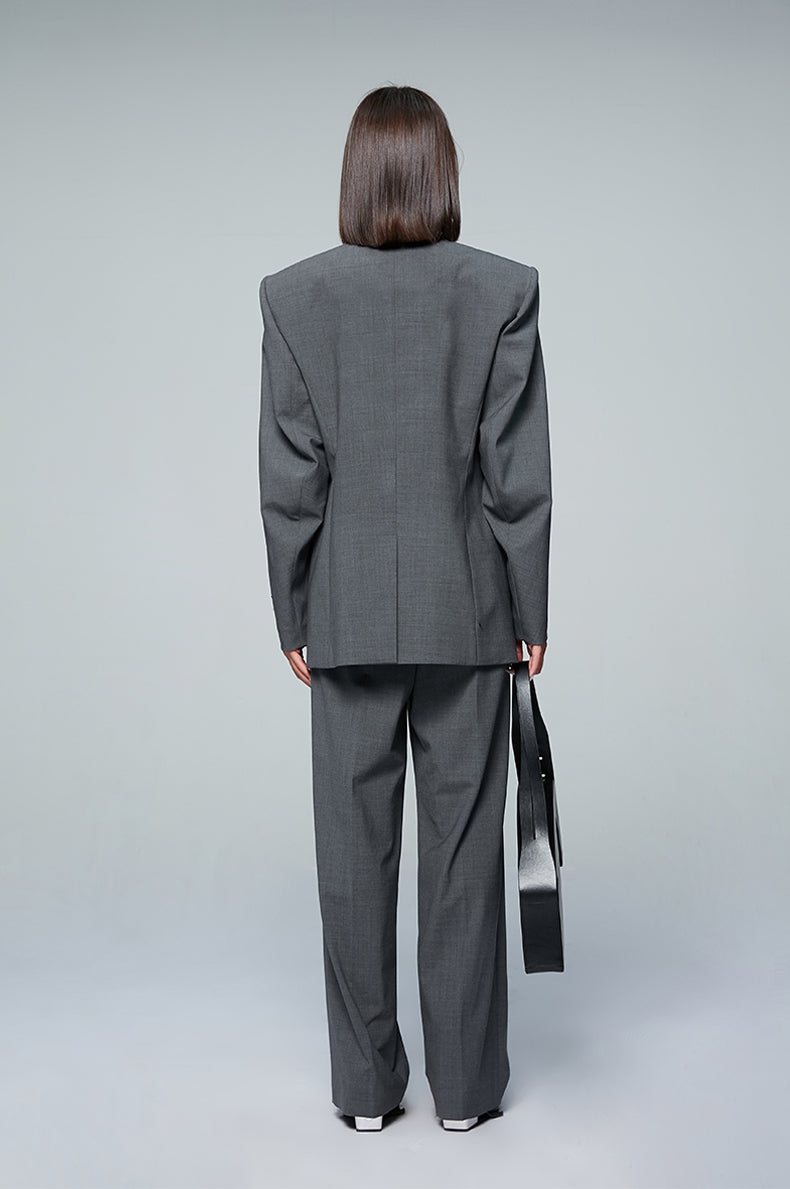 ANNAKIKI designer gray wool elastic waist wide-leg casual trousers-UZUMAKI