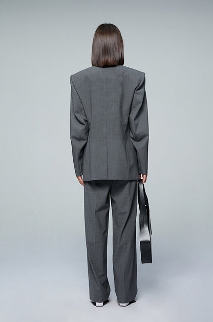 ANNAKIKI designer gray wool elastic waist wide-leg casual trousers-UZUMAKI