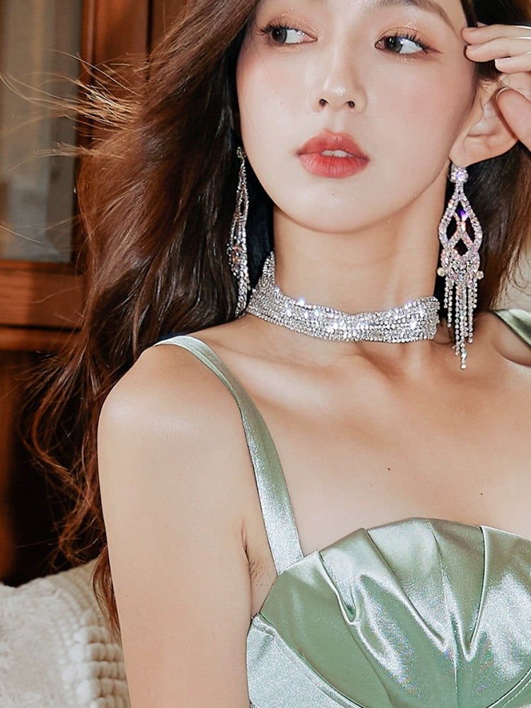 DOLLY Elegant Full Diamond Sliver Tassel Earring-IU