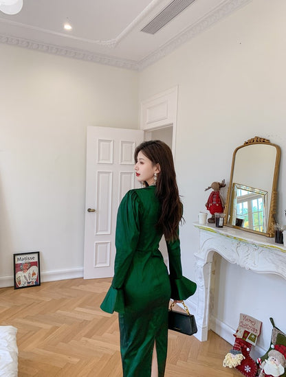 DOLLY High End Green Square Collar Long Sleeve Slim Fit Long Dress-MALU