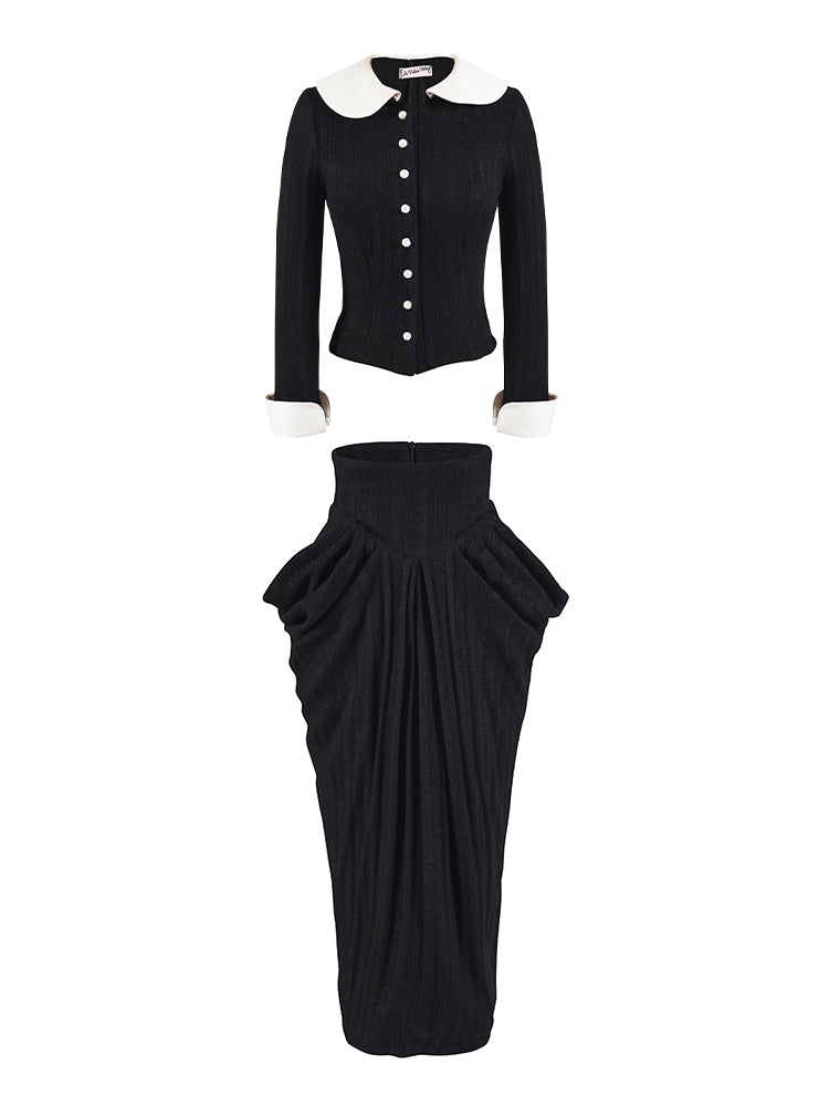 Le Palais Vintage Elegant Black and White Round Neck Cardigan High Waist Pencil Office Skirt-Ivy
