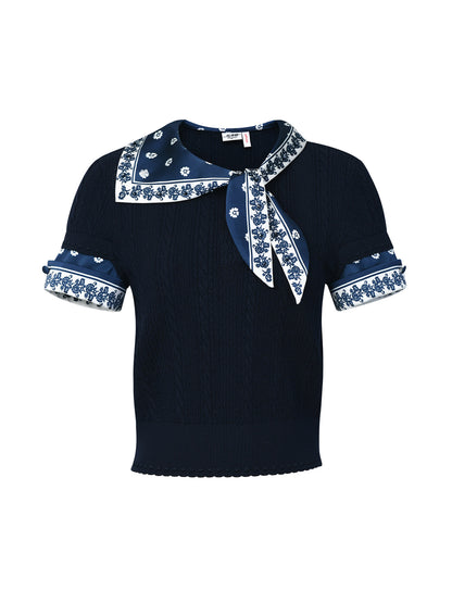 FAME beaded printed silk scarf knitted short-sleeved T-shirt