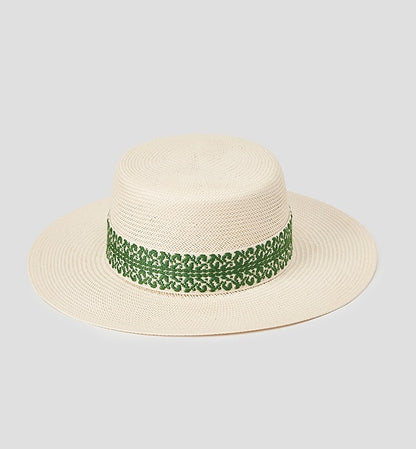 COMME MOI Lv Yan Designer Summer Women's Green Flower Fabric Ribbon Straw Hat - CLAIRE.