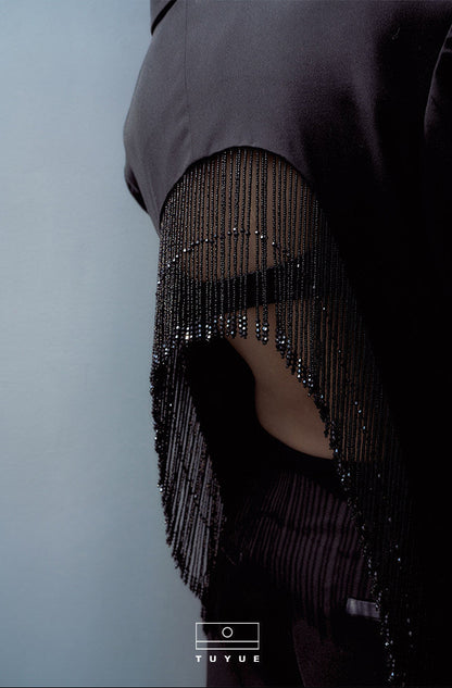 TUYUE Black Open Back Nail Bead Tassel Suit - ASHA.