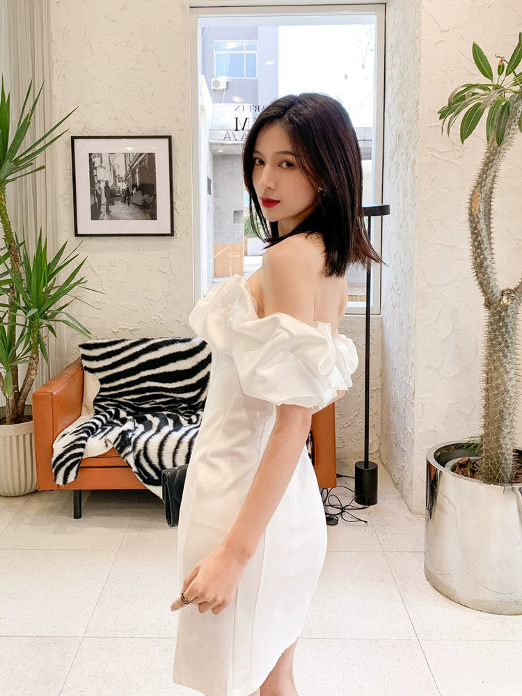 DOLLY Elegant Short Sleeve Ruffle Off Shoulder Chest Wrap Short Party Dress-LIZA