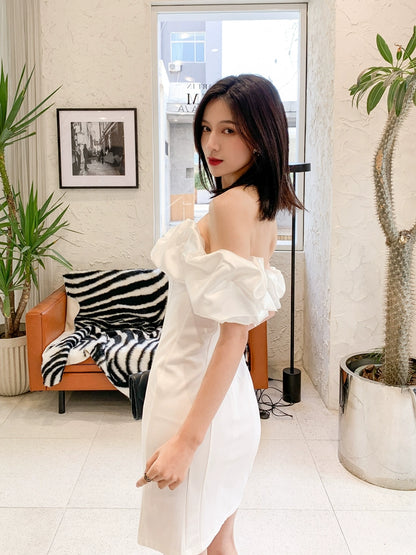 DOLLY Elegant Short Sleeve Ruffle Off Shoulder Chest Wrap Short Party Dress-LIZA