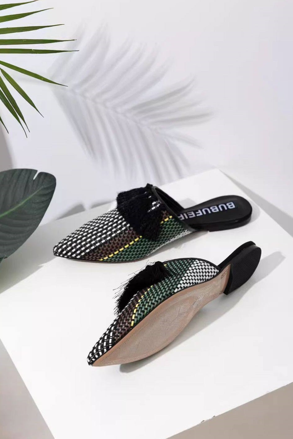B-FEI  woven black tassel flat mules-DERY.