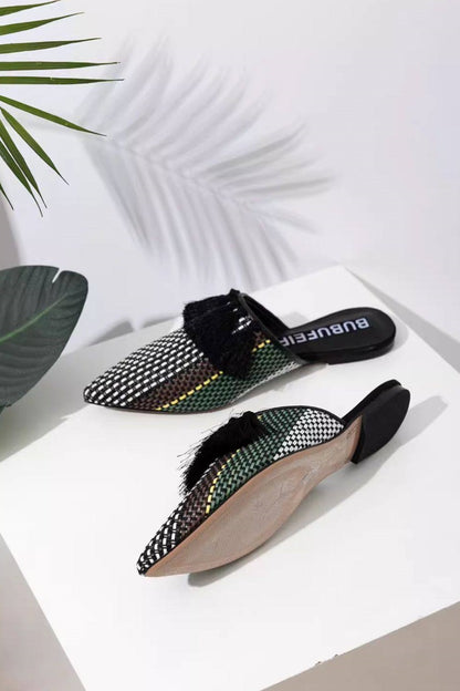 B-FEI  woven black tassel flat mules-DERY.