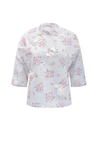 M essential Ma Kay designer Jinghe printed fabric floral nail beads top - JULY.