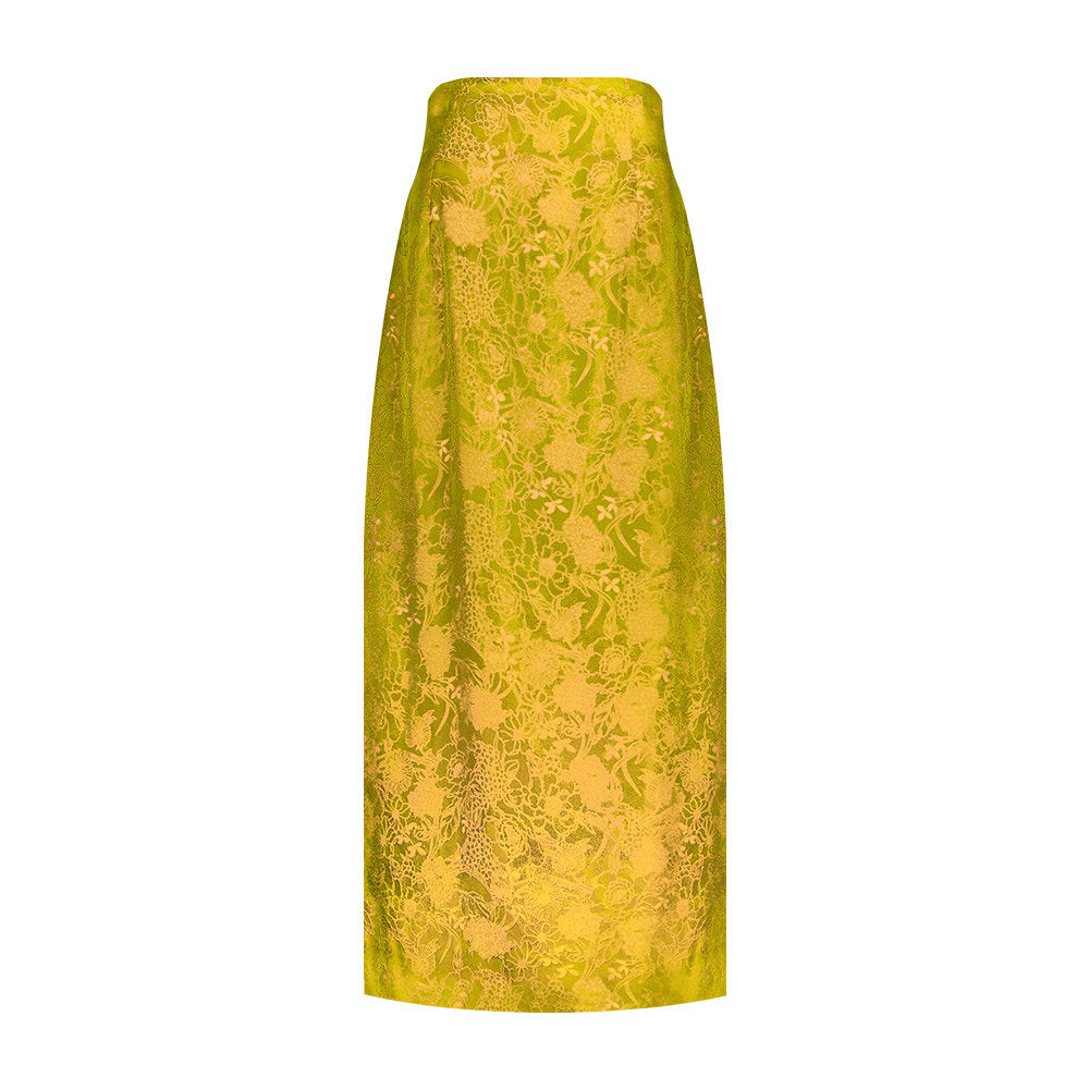 TUYUE Silk Jacquard Yellow Slit Slim Skirt - LANDON.
