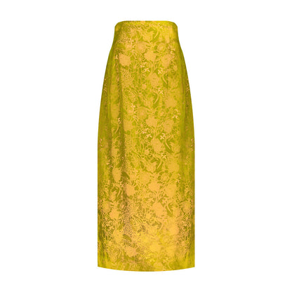 TUYUE Silk Jacquard Yellow Slit Slim Skirt - LANDON.