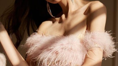 DOLLY Elegant Chest Wrap Feather Off Shoulder Long Sequin Mermaid Dress-TURA