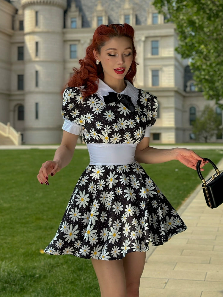 Le Palais Vintage   Doll Puff Sleeve Cinched Waist Dress-FANA