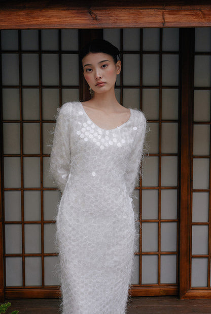 GOUDIN Long sleeved white engagement dress -MINA.