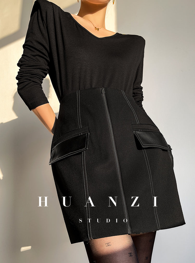 Huanzi  Autumn winter foreign style zipper high-waist skirt - Riwre