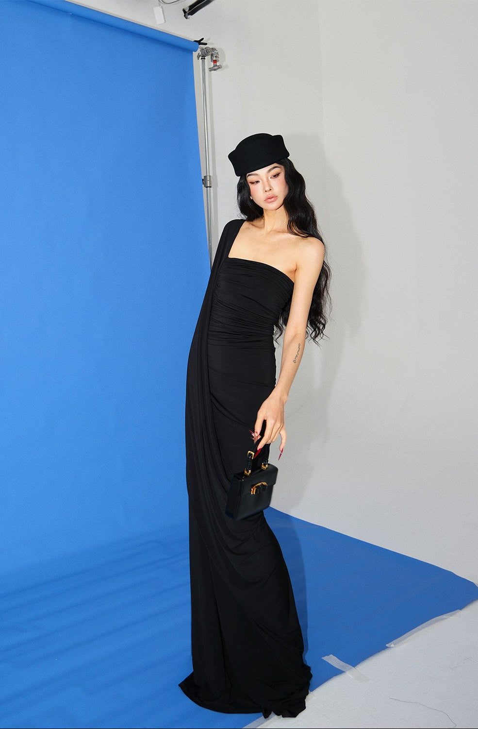 MEI SANGUAN black square neck asymmetrical floor-length dress - AVERY