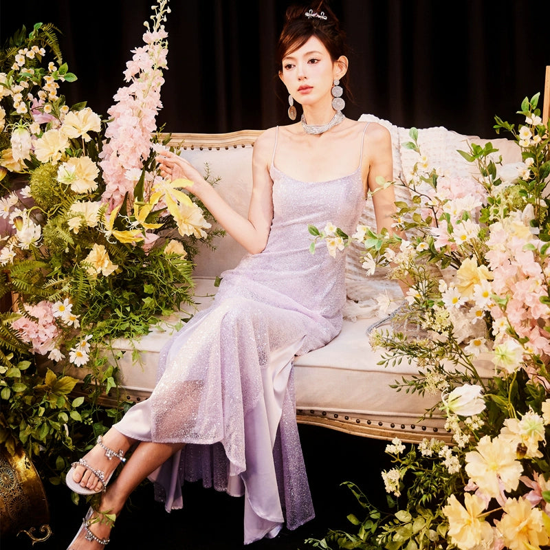 DOLLY Elegant Purple French Style Sleeveless Sequin Backless Long Evening Dress-WILLOW   (V)