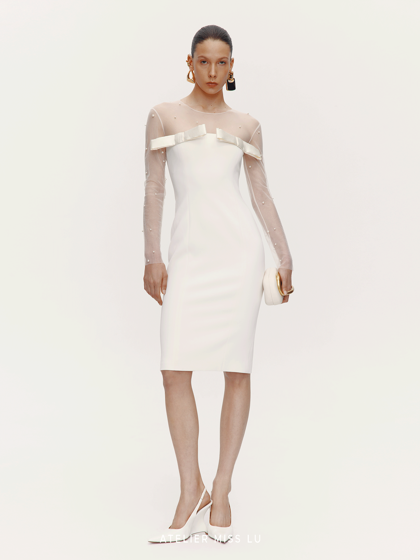 ATELIER MISS LU Fall/Winter Pearl Stitched Bow Waist Dress - HAILEY
