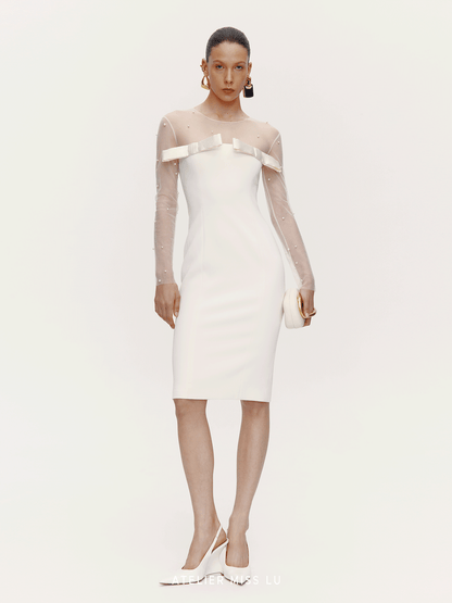 ATELIER MISS LU Fall/Winter Pearl Stitched Bow Waist Dress - HAILEY