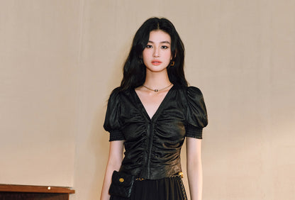 WANGXO Lumina Silk Satin Twill V-Neck Puff Sleeve Top - REYNA.