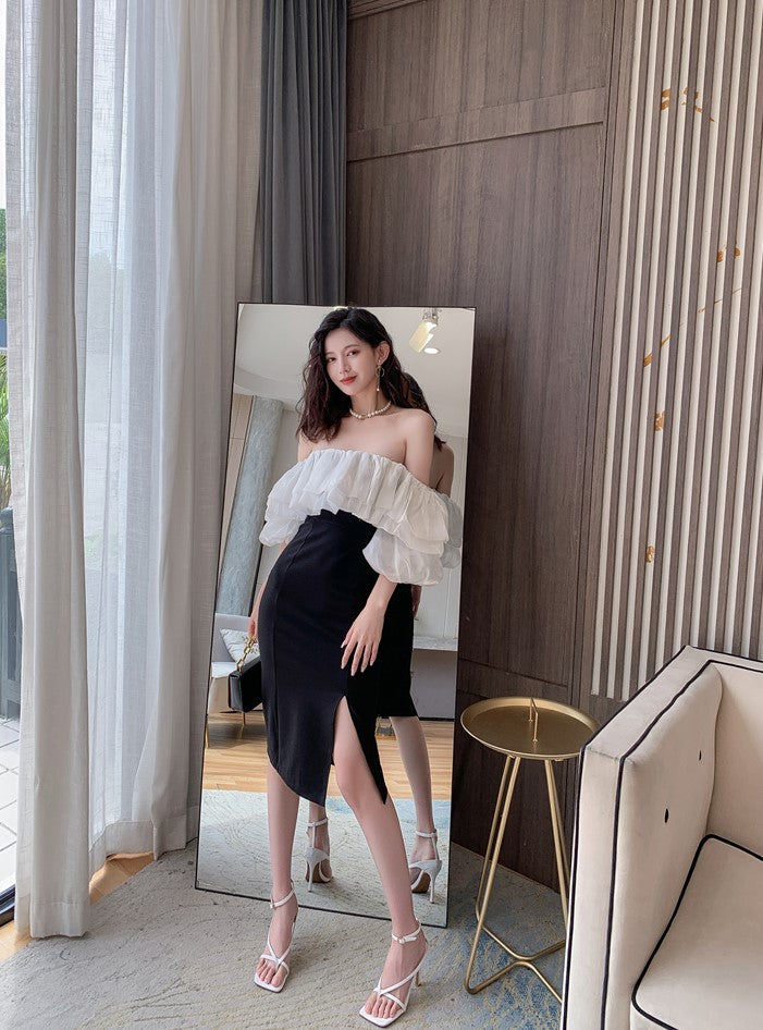 DOLLY Elegant Black and White Satin Off Shoulder Ruffled Tube Top Slim Fit Dress-MAG