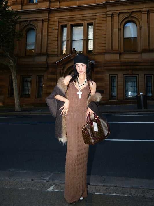 MEI SANGUAN handmade crochet suspender V-neck dress - PRIYA