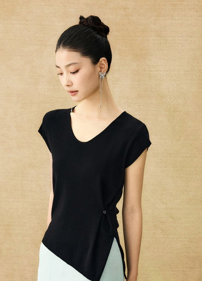 HECO Chinese Versatile Beveled Side Buckle V-Neck Knit Top - BREA.