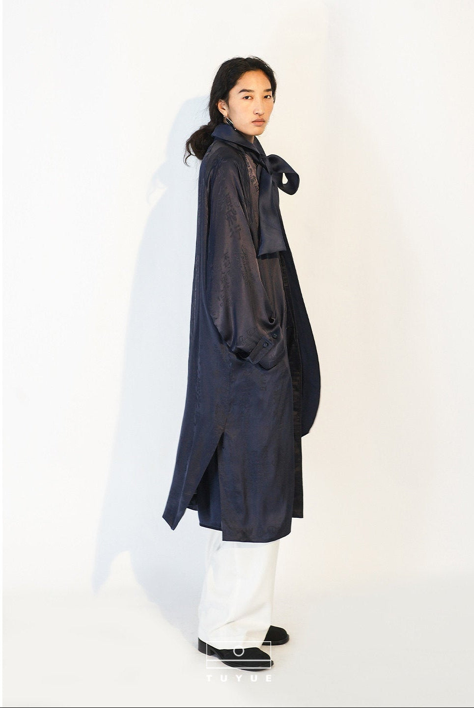 TUYUE Dark Blue Silk Streamer Satin Silhouette Long Trench Coat - BONNIE.