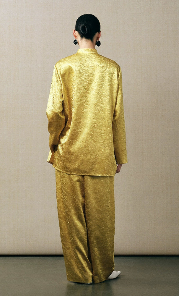 ZHUCHONGYUN loose tapered gold wrinkled satin trousers and top set--RIRI